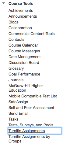 Screenshot showing list of course tools highlighting turnitin assignments